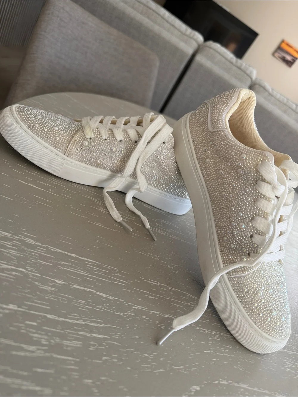 Embellished Cream Bridal Women's Lace-Up Sneakers